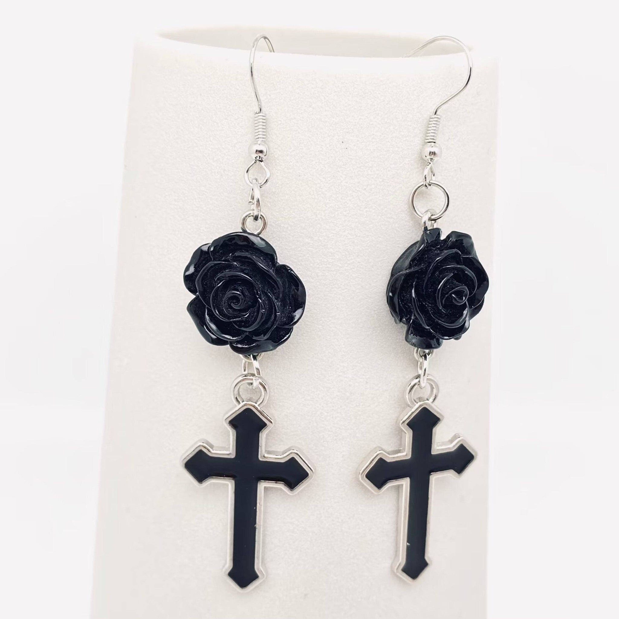Gothic Black Cross Rose Pendant Earring - GT