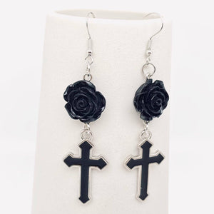 Gothic Black Cross Rose Pendant Earring - GT