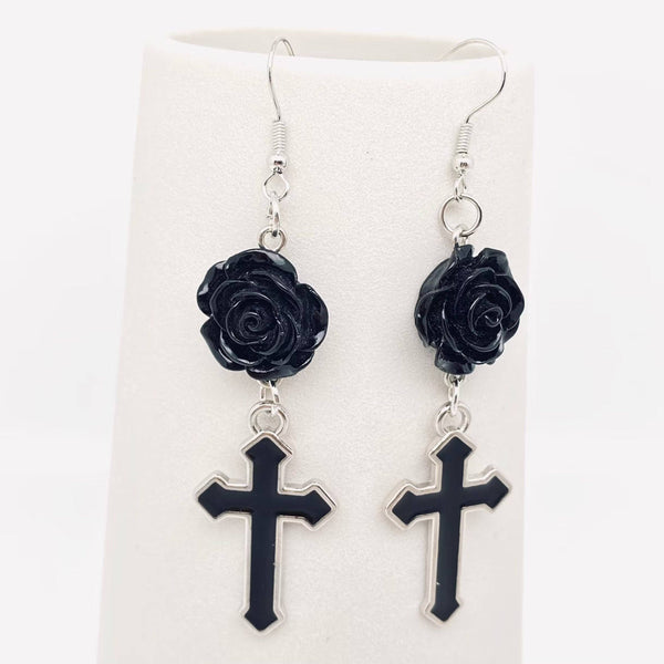 Gothic Black Cross Rose Pendant Earring - GT