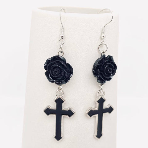 Gothic Black Cross Rose Pendant Earring - GT
