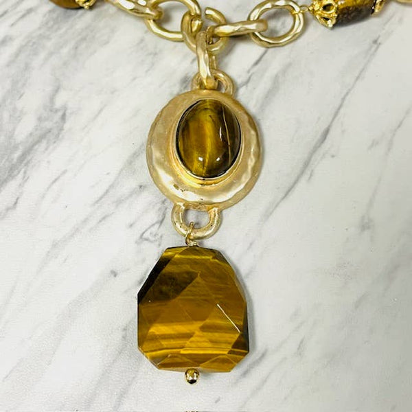 Large Stone Pendant Drop with Stone & Gold Hammered Links: Tiger's Eye