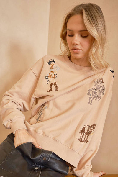 23230T - Western Motif Embroidered Graphic Sweatshirt: OFF WHITE / M