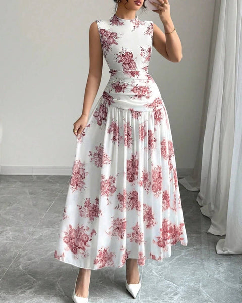 Elegant Floral Print Tank Dress: White / S