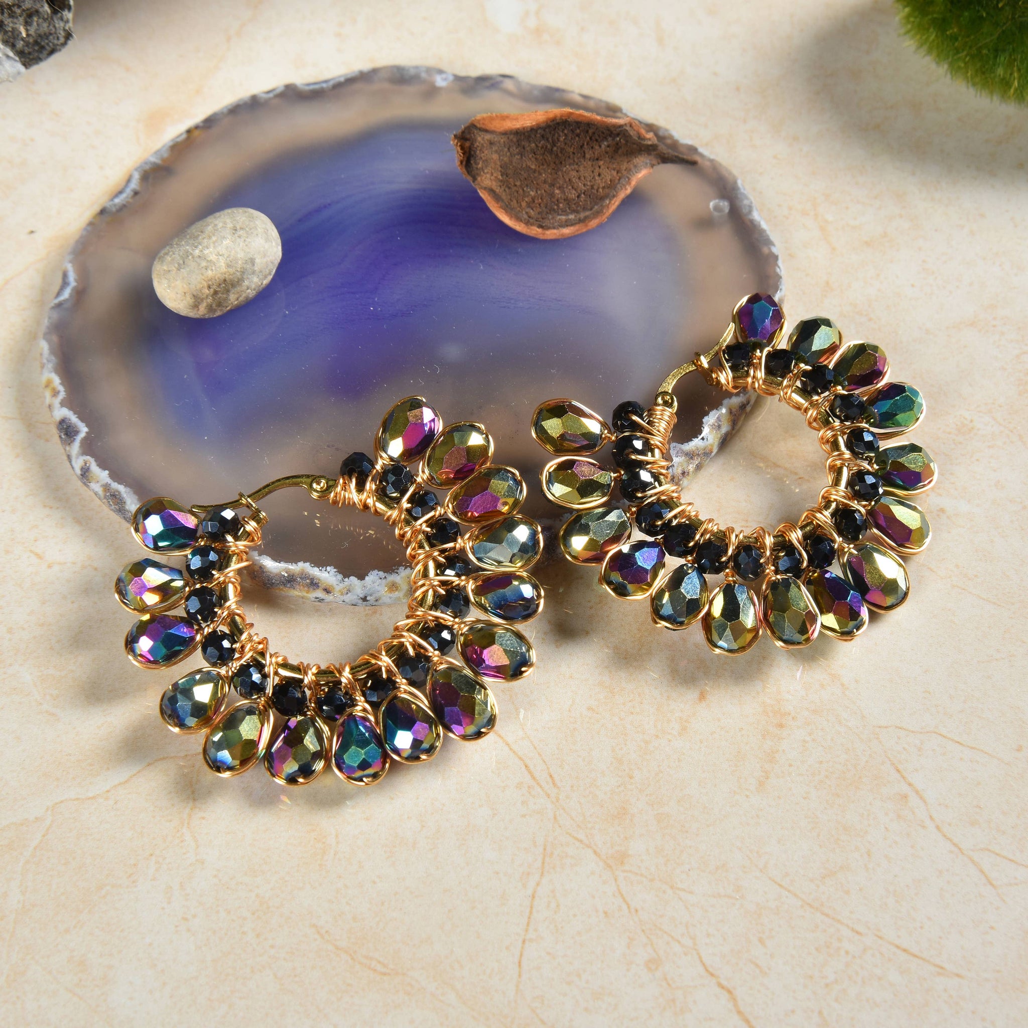Fan Crescent Stud Beaded Earrings: Multi-Colored