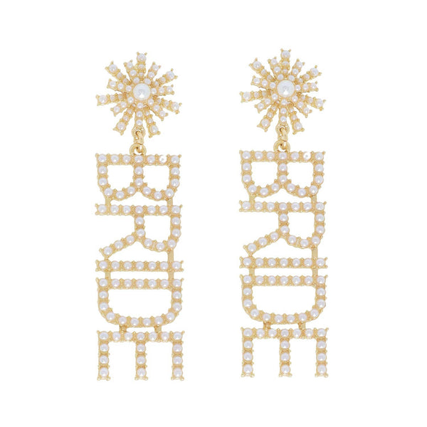 Rhinestone Pave Star Post "Bride" Long Dangle Earrings: Clear Silver