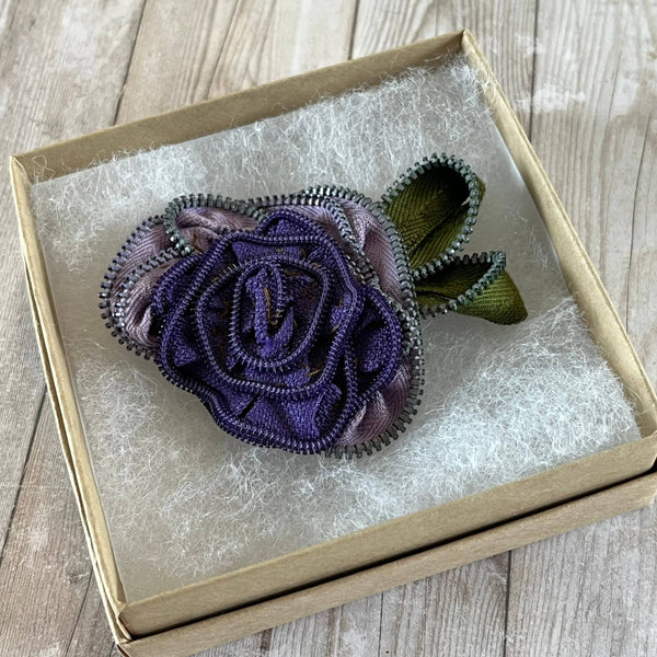 OOAK Vintage Zipper Flower Brooch Purple Rose