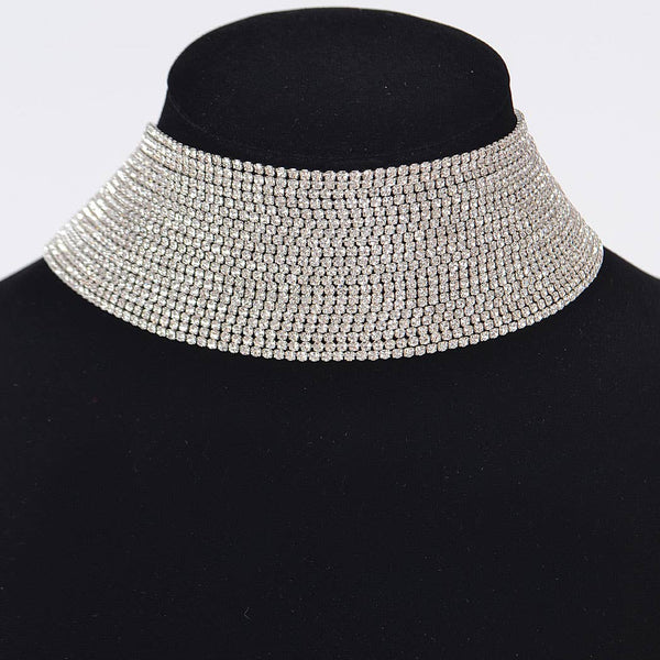Thick Rhinestone Choker Necklace: Silver