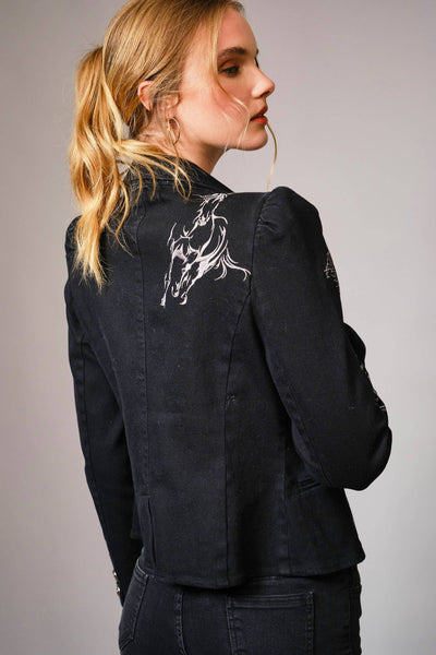 23567J - Stretch Denim Embroidered Western Blazer: BLACK / M