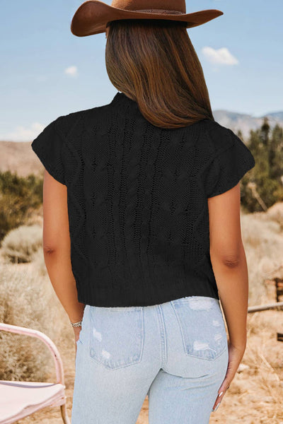 Fashion-W Cable Knit Satin Bowknot Short Sleeve Sweater: Brown / Missy / L