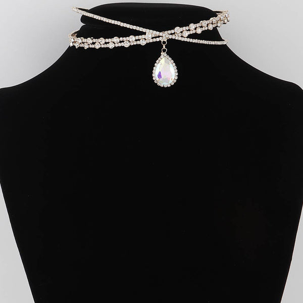 Crystal Teardrop Cross Choker Necklace: Silver Clear