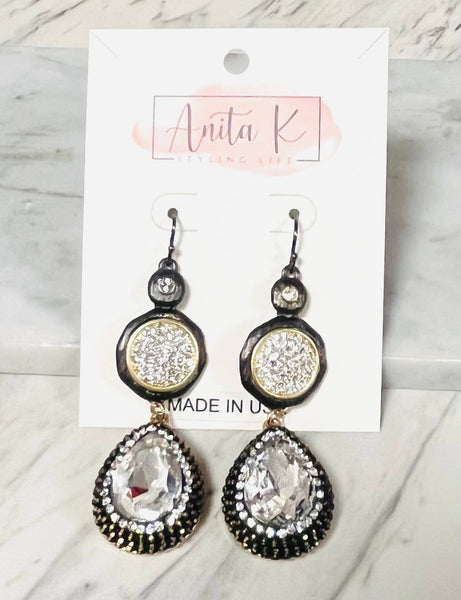 Crystal Pave Gunmetal Disc with a Clear Crystal Teardrop