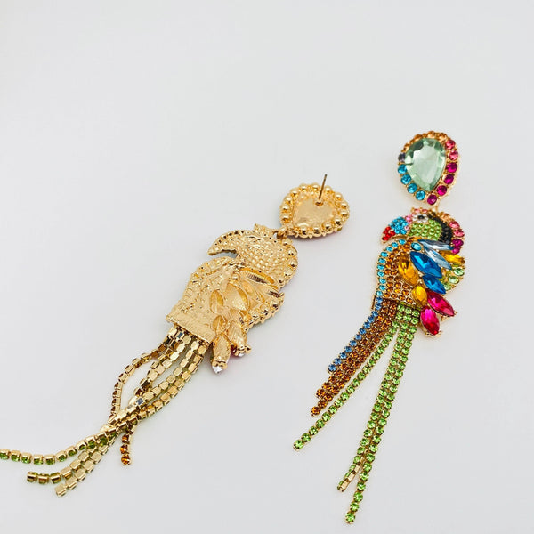 Parrot Rhinestone Tassel Earrings: Colourful