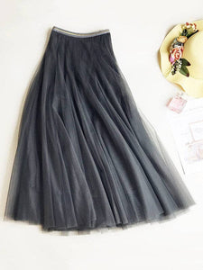 Solid Color Loose Elastic-Waist Mesh Skirt: GRAY / FREE SIZE