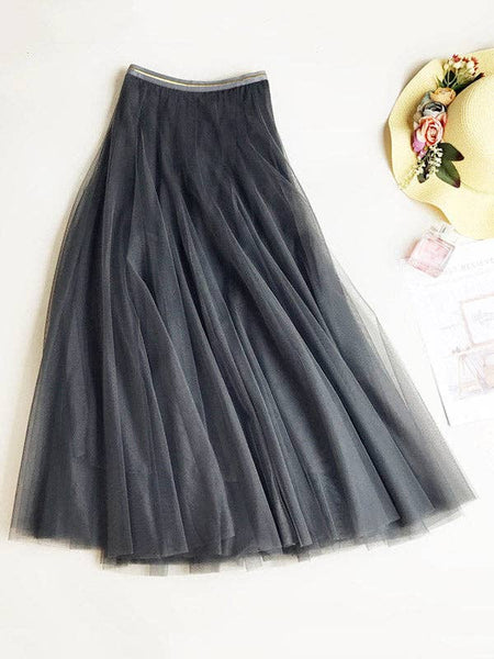 Solid Color Loose Elastic-Waist Mesh Skirt: BLACK / FREE SIZE