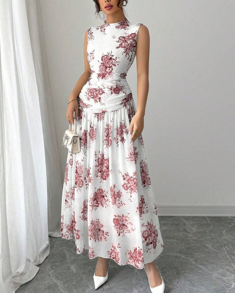 Elegant Floral Print Tank Dress: White / S