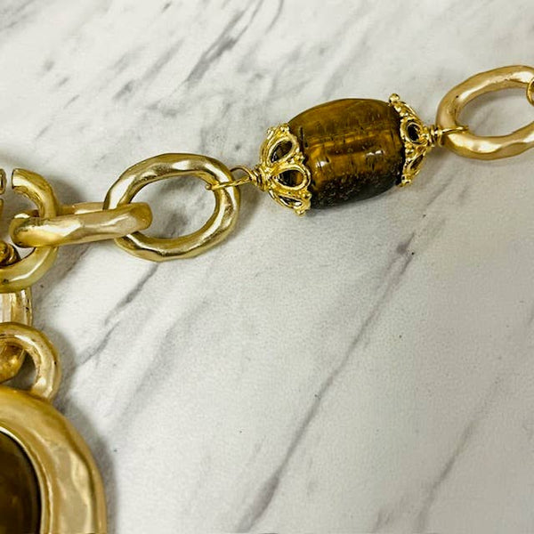 Large Stone Pendant Drop with Stone & Gold Hammered Links: Tiger's Eye