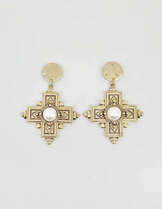 E25084 Faux Pearl Adorned Vintage Cross Dangle Earrings: 01 WG