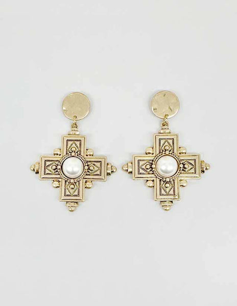 E25084 Faux Pearl Adorned Vintage Cross Dangle Earrings: 01 WG
