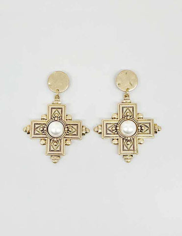 E25084 Faux Pearl Adorned Vintage Cross Dangle Earrings: 01 WG
