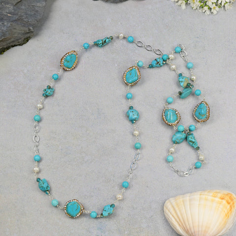 25C15 - "Azure Embrace"Hand-Wired Turquoise & Pearl Necklace