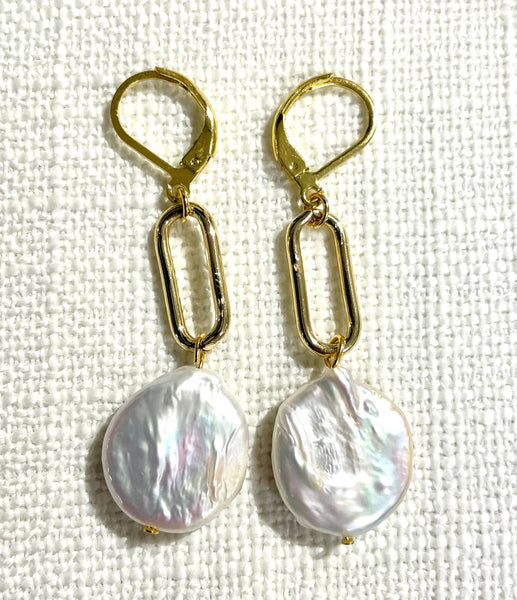 Paperclip and Coin Pearl Drop Dangle Earrings: Gold