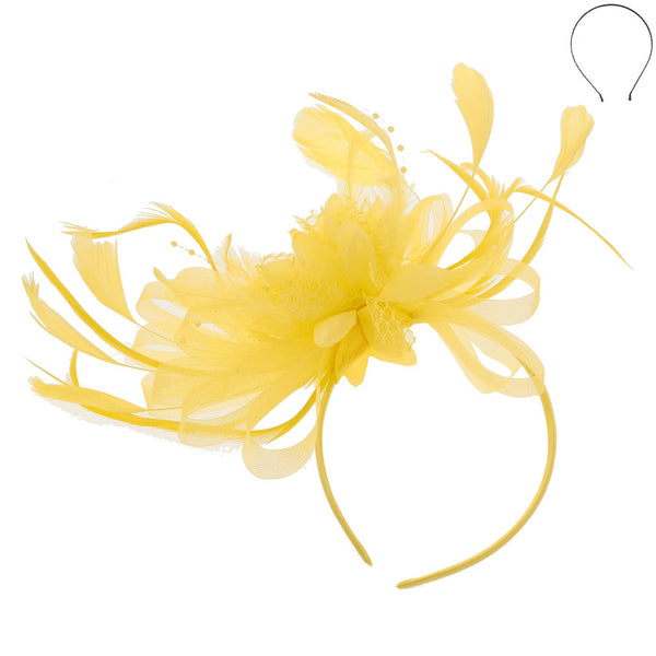 Floral Fascinator Headband w/ Side Loops & Feathers: White