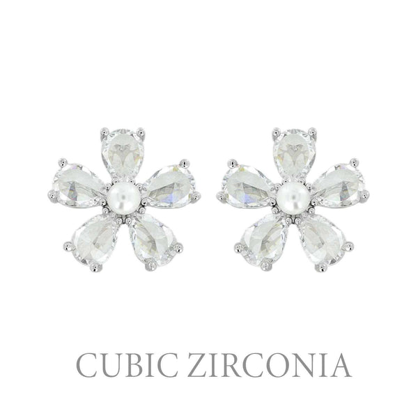 Cubic Zirconia And Pearl Flower Stud Earrings