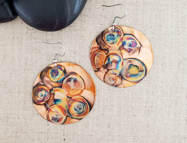 Various Size Flame Paint Copper Circle Earrings: Medium