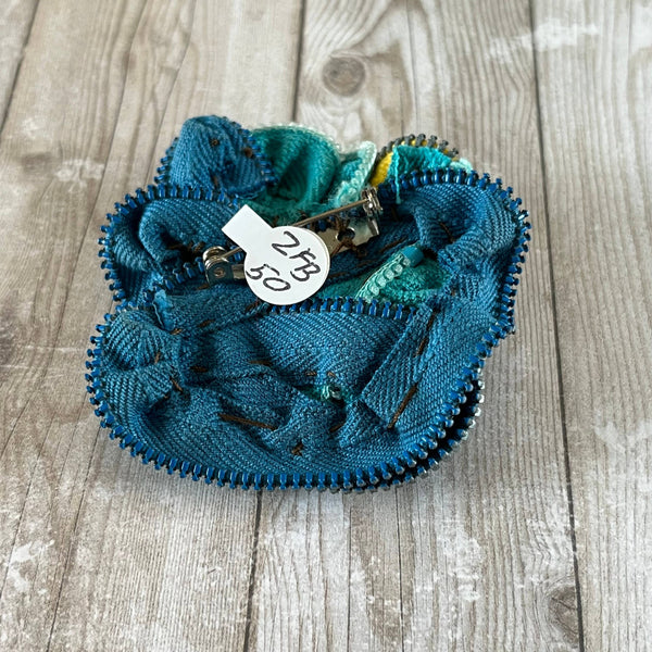 OOAK Vintage Zipper Flower Brooch Blue Yellow
