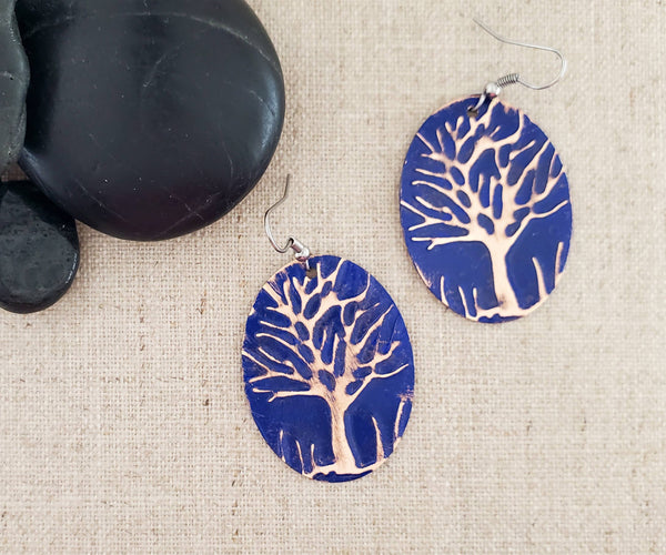 Large Oval Embossed Tree Paint Patina Earrings: Navy