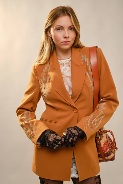 23504J Woven Suiting Studded Embroidered Blazer: CAMEL / S-M-L (2-2-2)