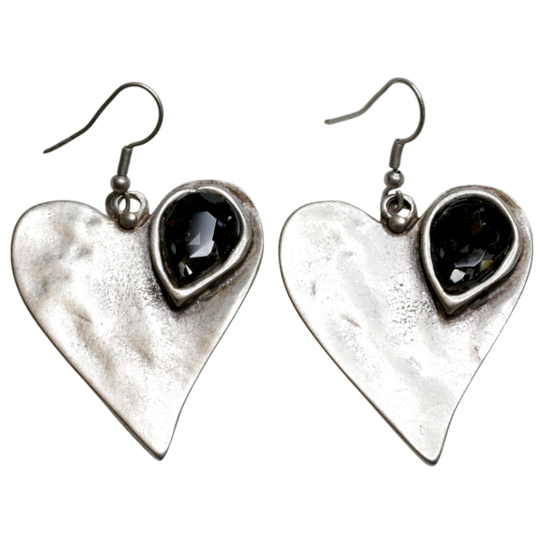 Pewter Heart Earrings with Crystal