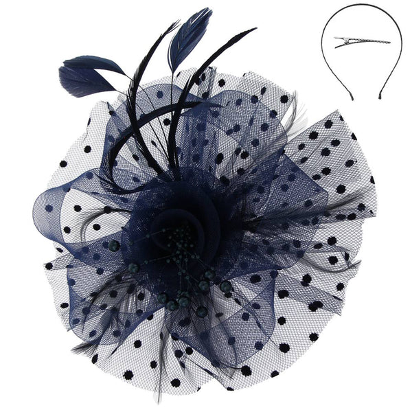 Organza Ribbon Flower Fascinator w/ Feathers & Dotted Mesh: White