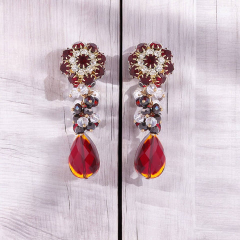 Flower Earring | Boho Earring | Ruby | Red | Crystal