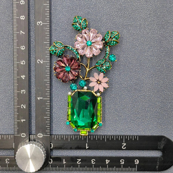 Inlaid Glass & Rhinestone Flower Shape Vintage Brooch
