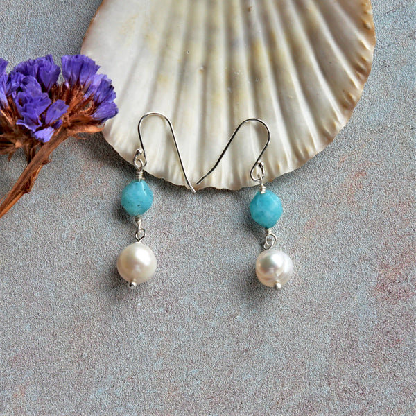 Peruvian Amazonite & Cultured Pearl Drop Earrings