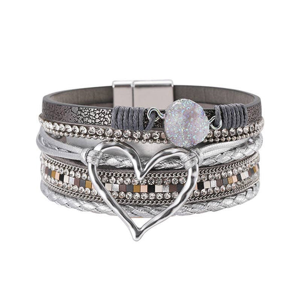 Multi-Layer Heart-Shaped Bangle Bracelets | Magnetic Buckle: Silver