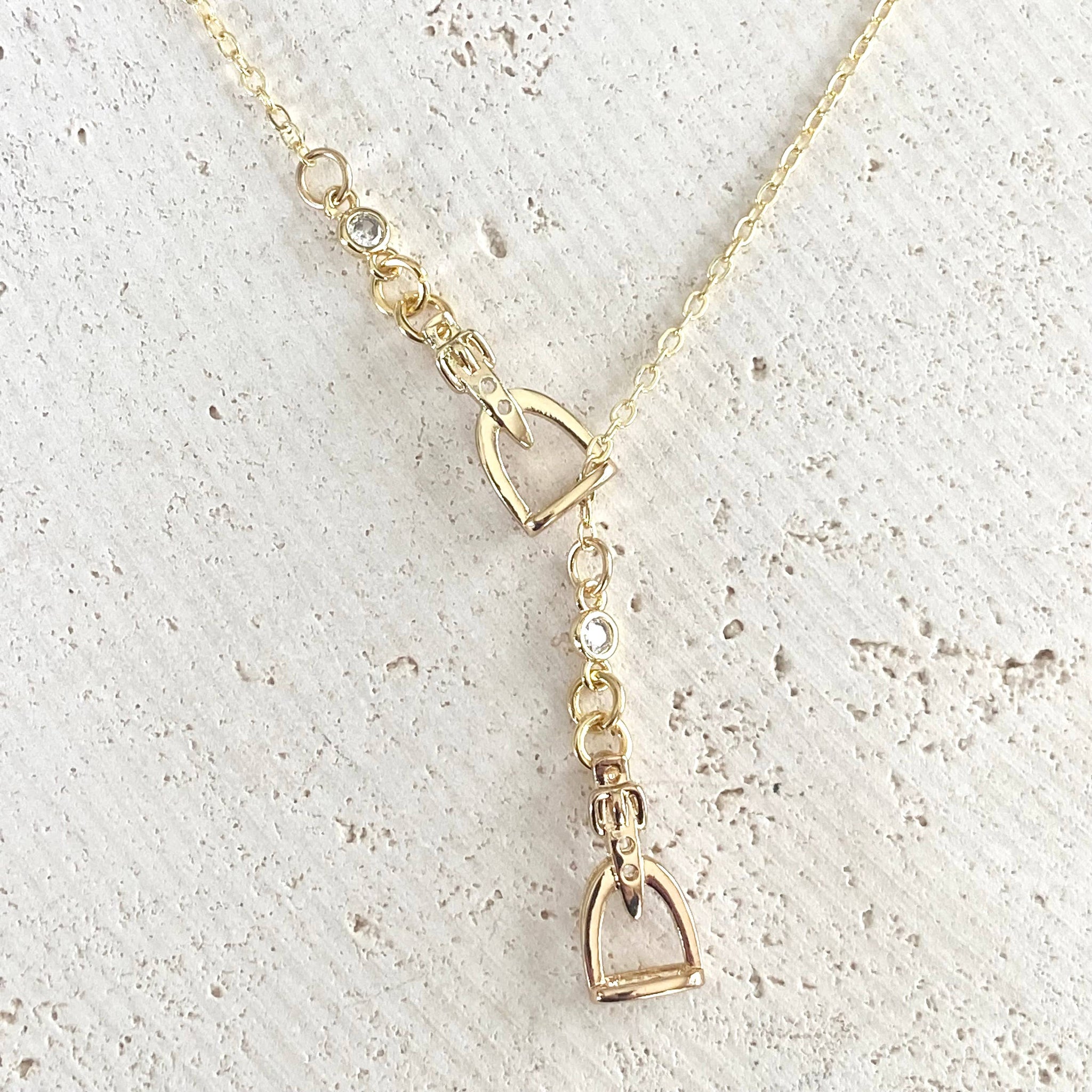 Equestrian jewelry  Y style horse bit stirrup necklace : Gold