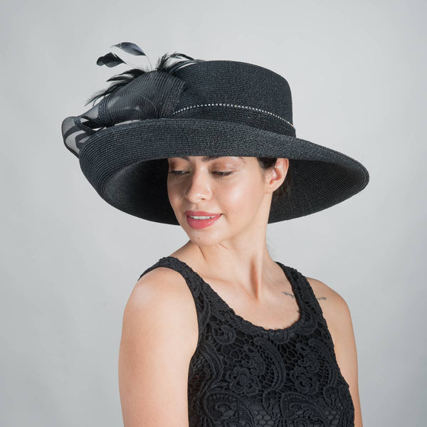 331744 Black Feather Bow Metallic Turn Up Hats: NAVY / Metallic