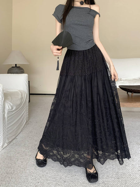 Elegant Lace Maxi Skirt with Layered Design SK201: White