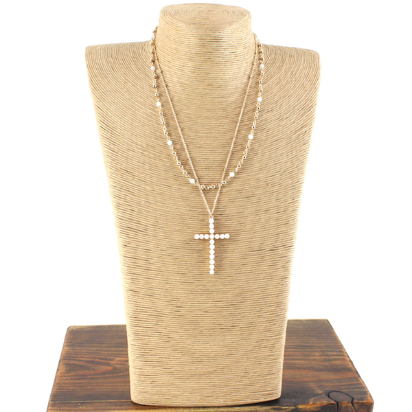 N24189 Glass Beads Adorned Cross Pendant 2-Layer Necklace: 02 Black