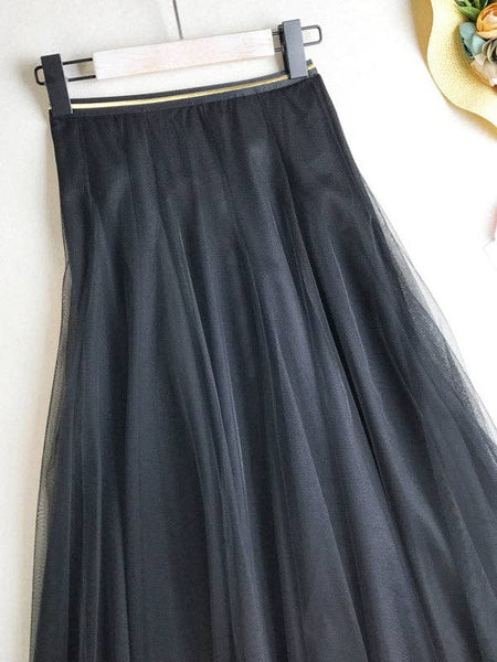 Solid Color Loose Elastic-Waist Mesh Skirt: GRAY / FREE SIZE
