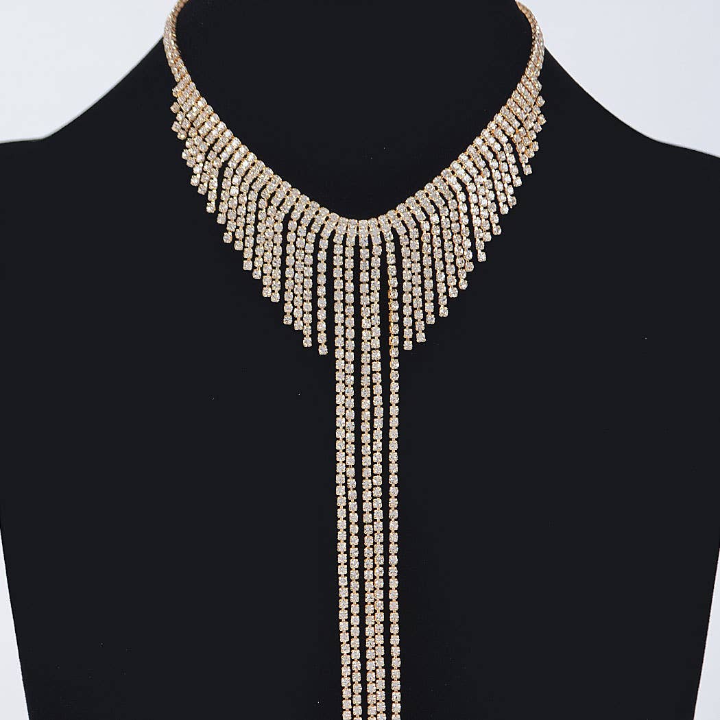 Fringed Rhinestone Choker Necklace: Gold