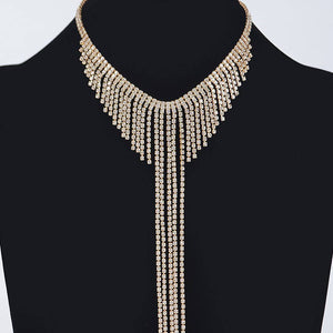 Fringed Rhinestone Choker Necklace: Gold