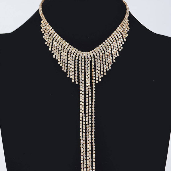 Fringed Rhinestone Choker Necklace: Gold