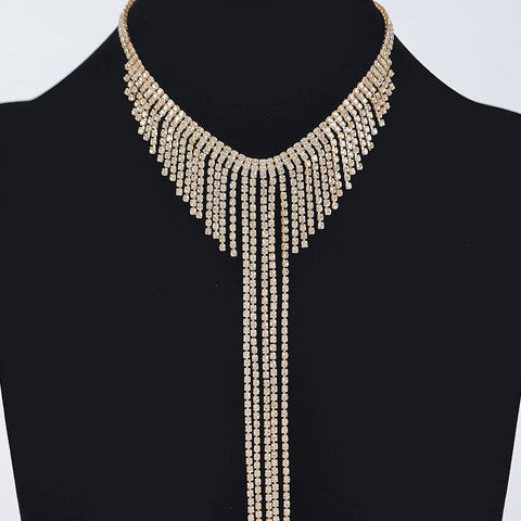 Fringed Rhinestone Choker Necklace: Gold