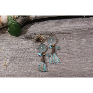 Earrings-Bohemian Capped Coin Tassel Earrings - Turquoise