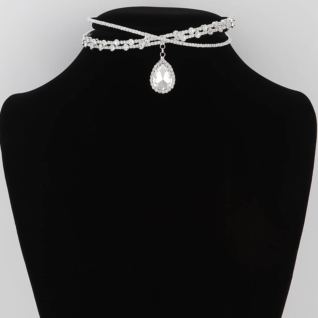 Crystal Teardrop Cross Choker Necklace: Silver Clear
