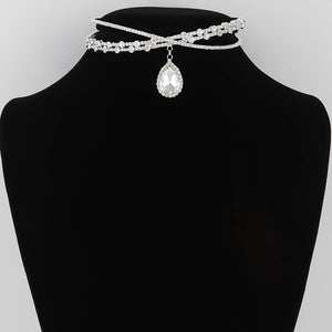 Crystal Teardrop Cross Choker Necklace: Silver Clear
