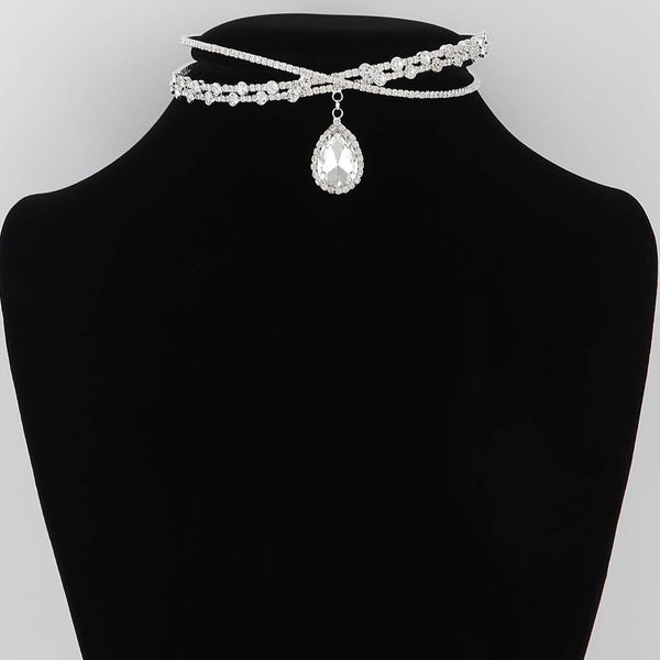 Crystal Teardrop Cross Choker Necklace: Silver Clear